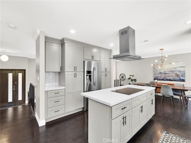 183 W Sidlee St, Thousand Oaks, CA 91360 - kitchen featuring island range hood, stainless steel refrigerator with ice dispenser, gray cabinets, black electric stovetop, and light countertops