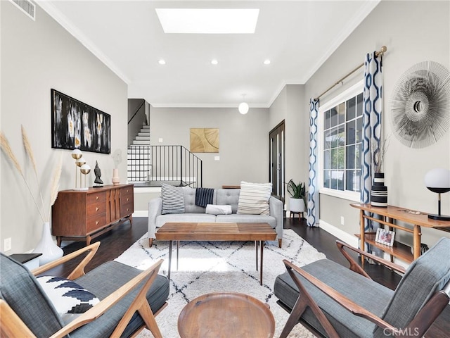 183 W Sidlee St, Thousand Oaks, CA 91360 - living room featuring wood finished floors, stairway, ornamental molding, recessed lighting, and a skylight