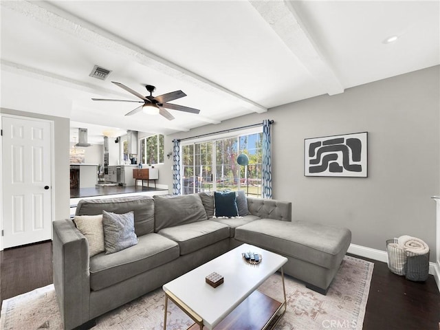 183 W Sidlee St, Thousand Oaks, CA 91360 - living room with beam ceiling, wood finished floors, and a ceiling fan