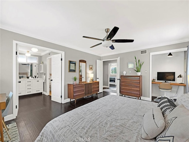 183 W Sidlee St, Thousand Oaks, CA 91360 - bedroom featuring dark wood-type flooring, crown molding, and a ceiling fan