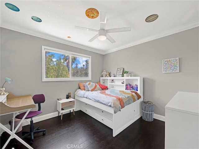 183 W Sidlee St, Thousand Oaks, CA 91360 - bedroom featuring crown molding, dark wood-style flooring, a ceiling fan, and an office area