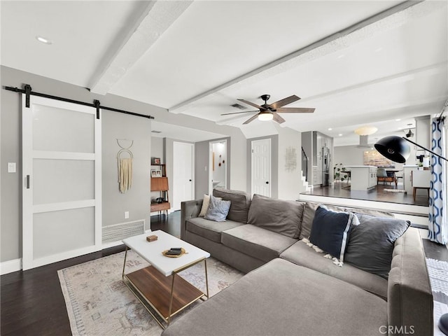 183 W Sidlee St, Thousand Oaks, CA 91360 - living area featuring a barn door, wood finished floors, a ceiling fan, and beam ceiling