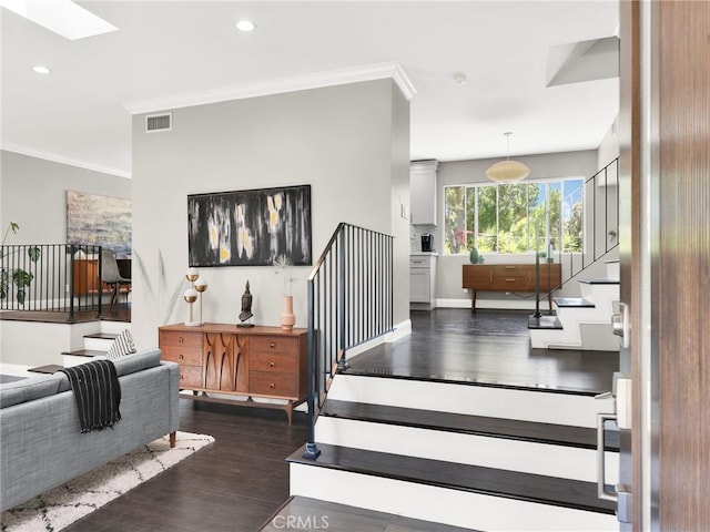 183 W Sidlee St, Thousand Oaks, CA 91360 - stairs with wood finished floors, crown molding, recessed lighting, and a skylight