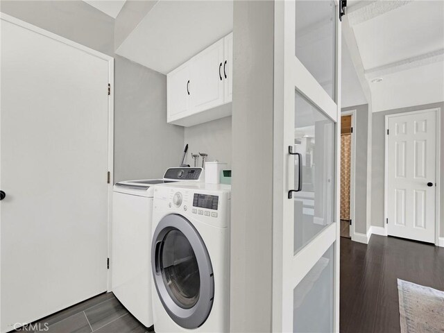 183 W Sidlee St, Thousand Oaks, CA 91360 - washroom featuring washing machine and dryer, cabinet space, and dark wood finished floors