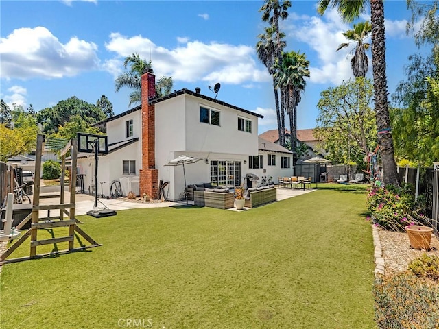 183 W Sidlee St, Thousand Oaks, CA 91360 - rear view of property featuring an outdoor living space, a fenced backyard, stucco siding, a patio area, and a chimney
