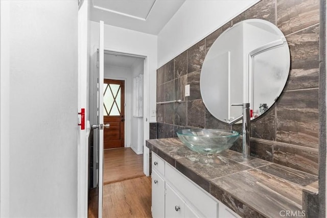 23717 Scenic Dr, Crestline, CA 92325 - bathroom featuring vanity and wood finished floors
