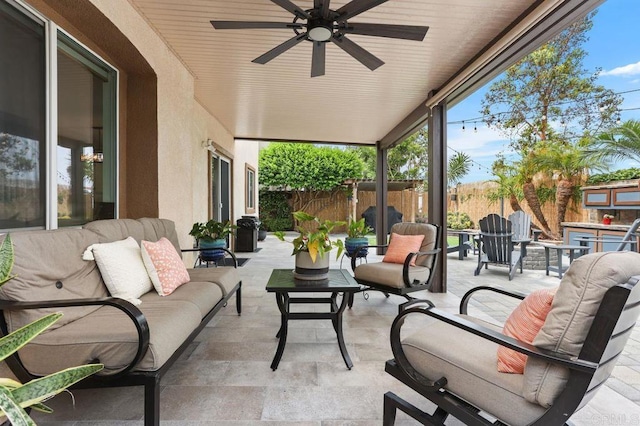 339 Alamo Way, Oceanside, CA 92057 - fenced backyard with outdoor lounge area, a patio, and ceiling fan