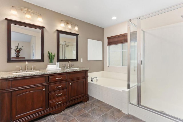 339 Alamo Way, Oceanside, CA 92057 - bathroom featuring double vanity, a shower stall, a bath, and tile patterned floors
