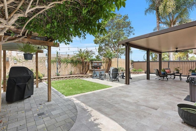 339 Alamo Way, Oceanside, CA 92057 - fenced backyard featuring a patio, grilling area, and ceiling fan