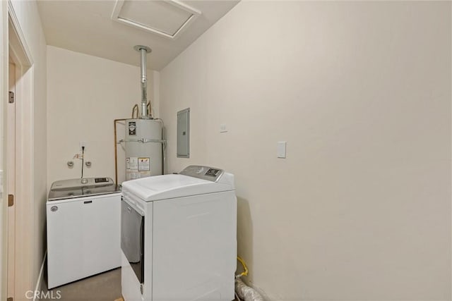 18 El Cerrito Dr, Chico, CA 95973 - laundry room featuring secured water heater, independent washer and dryer, electric panel, and attic access