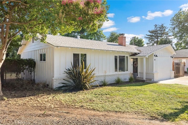 18 El Cerrito Dr, Chico, CA 95973 - ranch-style home with board and batten siding, brick siding, a garage, roof with shingles, and a chimney