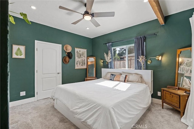 18 El Cerrito Dr, Chico, CA 95973 - bedroom with carpet floors, beamed ceiling, recessed lighting, and ceiling fan