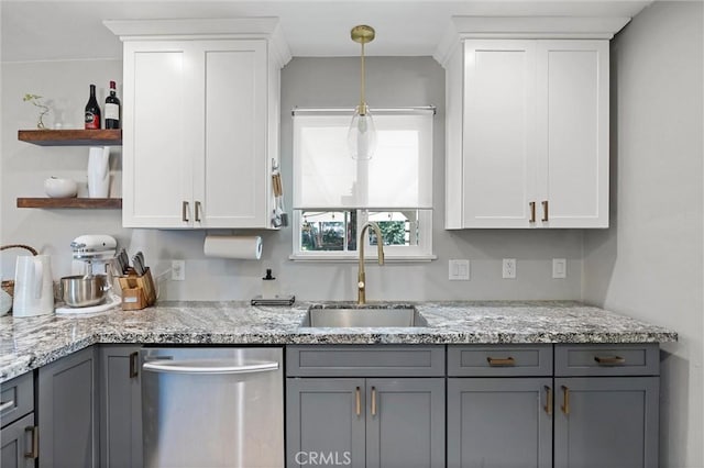 18 El Cerrito Dr, Chico, CA 95973 - kitchen with stainless steel dishwasher, open shelves, gray cabinetry, and white cabinets