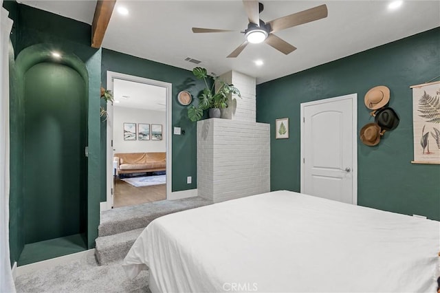 18 El Cerrito Dr, Chico, CA 95973 - bedroom with recessed lighting, carpet, ceiling fan, and connected bathroom