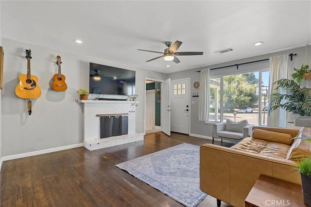 18 El Cerrito Dr, Chico, CA 95973 - living room featuring ceiling fan, a fireplace, wood finished floors, and recessed lighting