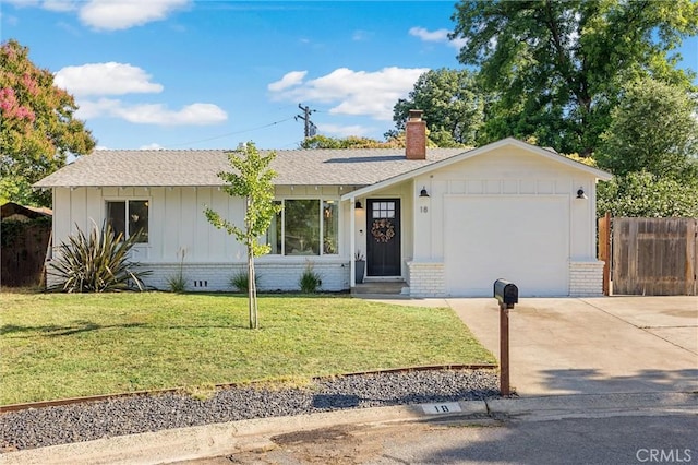 18 El Cerrito Dr, Chico, CA 95973 - ranch-style home with board and batten siding, concrete driveway, an attached garage, brick siding, and a chimney