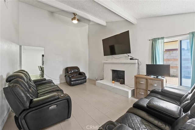 5983 Jones Ave, Riverside, CA 92505 - living room featuring a high end fireplace and a textured ceiling