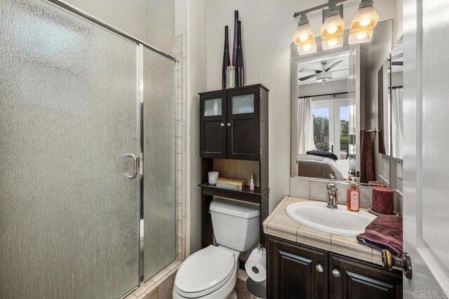 13388 Greenstone Ct, Scripps Miramar, CA 92131 - full bath featuring ensuite bathroom, ceiling fan, vanity, a shower stall, and french doors