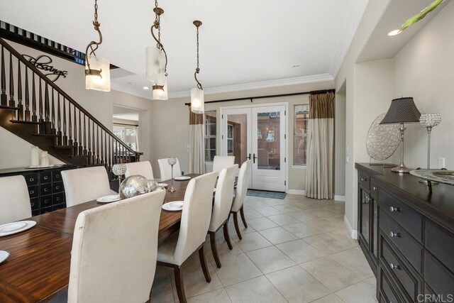 13388 Greenstone Ct, Scripps Miramar, CA 92131 - dining room featuring french doors, stairs, light tile patterned floors, ornamental molding, and recessed lighting