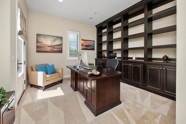 13388 Greenstone Ct, Scripps Miramar, CA 92131 - office with light colored carpet, built in shelves, and recessed lighting