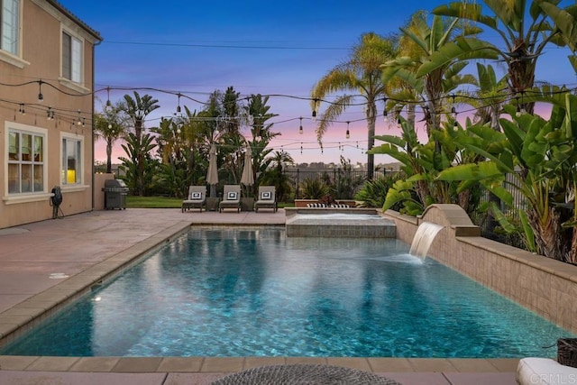 13388 Greenstone Ct, Scripps Miramar, CA 92131 - pool at dusk featuring a patio and grilling area
