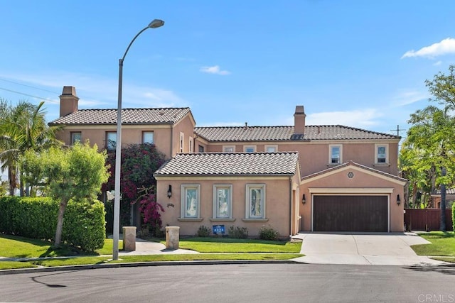 13388 Greenstone Ct, Scripps Miramar, CA 92131 - view of front of property featuring a chimney, an attached garage, concrete driveway, stucco siding, and a tile roof