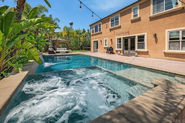 13388 Greenstone Ct, Scripps Miramar, CA 92131 - view of swimming pool with a gazebo, french doors, area for grilling, a pool with connected hot tub, and a patio area