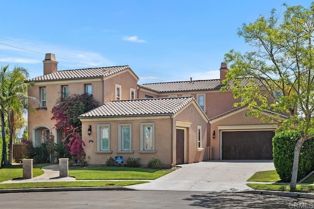13388 Greenstone Ct, Scripps Miramar, CA 92131 - mediterranean / spanish home with a chimney, an attached garage, stucco siding, concrete driveway, and a front lawn