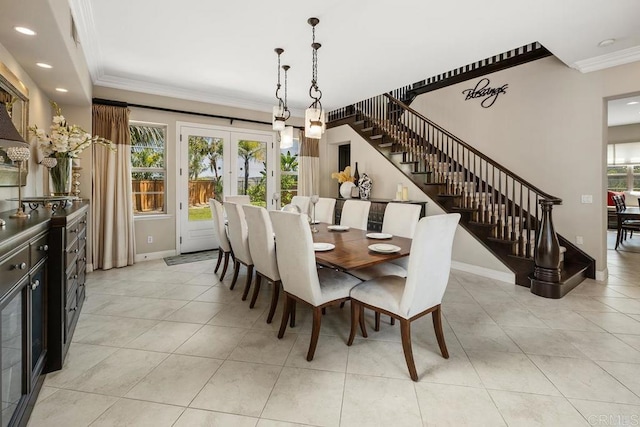 13388 Greenstone Ct, Scripps Miramar, CA 92131 - dining space featuring crown molding, stairs, french doors, light tile patterned floors, and recessed lighting