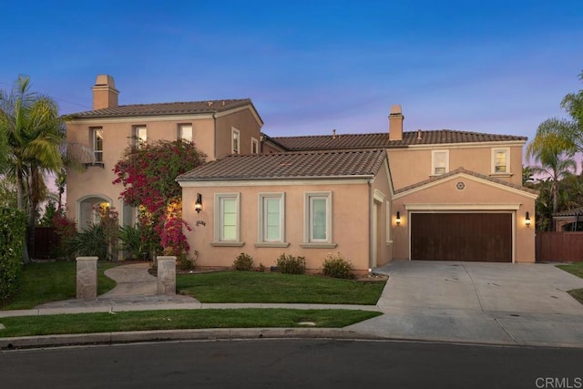 13388 Greenstone Ct, Scripps Miramar, CA 92131 - mediterranean / spanish home featuring a chimney, an attached garage, driveway, and a tile roof