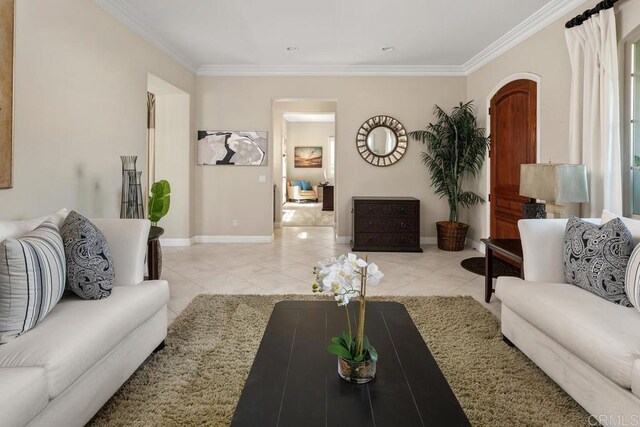 13388 Greenstone Ct, Scripps Miramar, CA 92131 - living area with arched walkways, crown molding, and light tile patterned flooring