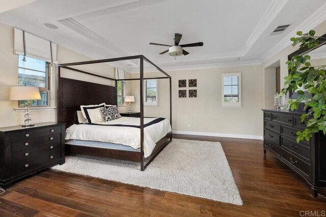 13388 Greenstone Ct, Scripps Miramar, CA 92131 - bedroom with hardwood / wood-style floors, crown molding, and a ceiling fan
