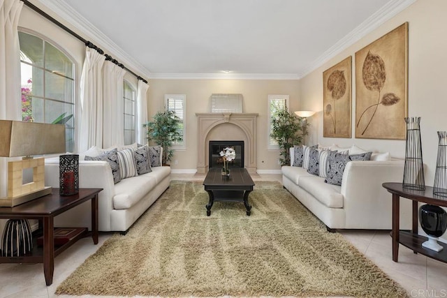 13388 Greenstone Ct, Scripps Miramar, CA 92131 - living room featuring crown molding, healthy amount of natural light, a premium fireplace, and light tile patterned floors