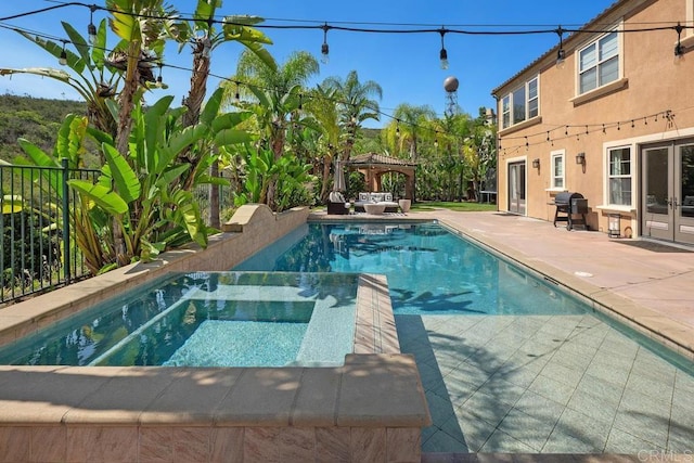 13388 Greenstone Ct, Scripps Miramar, CA 92131 - view of pool with a gazebo, a patio, a pool with connected hot tub, grilling area, and outdoor lounge area