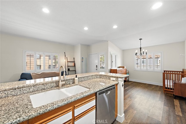 55 Rabano Unit 240, Rancho Santa Margarita, CA 92688 - kitchen featuring dishwasher, dark wood-style floors, a chandelier, plenty of natural light, and recessed lighting
