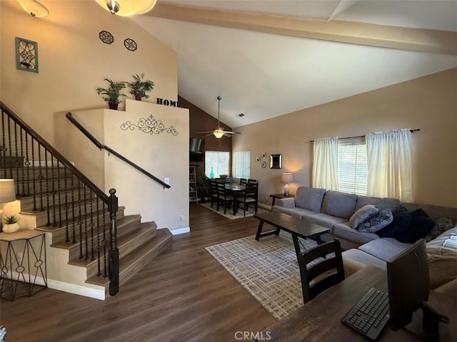 42523 56th St W, Lancaster, CA 93536 - living area with high vaulted ceiling, wood finished floors, stairs, beam ceiling, and ceiling fan