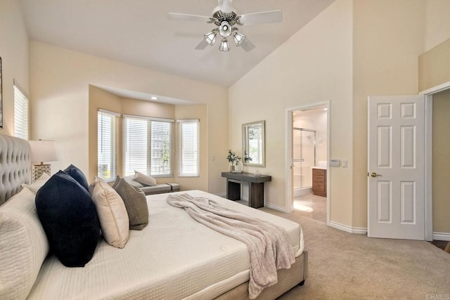 4956 Lamia Way, Oceanside, CA 92056 - bedroom featuring light carpet, high vaulted ceiling, ensuite bathroom, and a ceiling fan