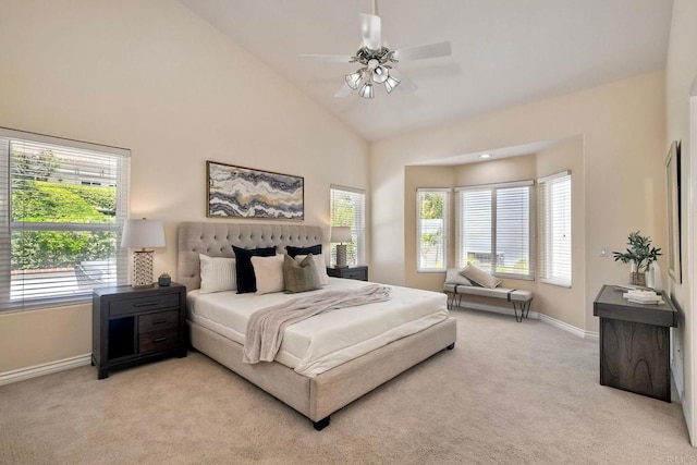 4956 Lamia Way, Oceanside, CA 92056 - bedroom featuring light carpet, high vaulted ceiling, and ceiling fan