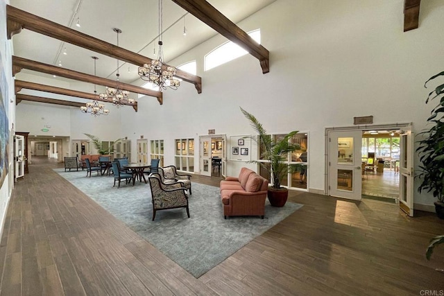 4956 Lamia Way, Oceanside, CA 92056 - living area featuring high vaulted ceiling, wood finished floors, beam ceiling, and a chandelier