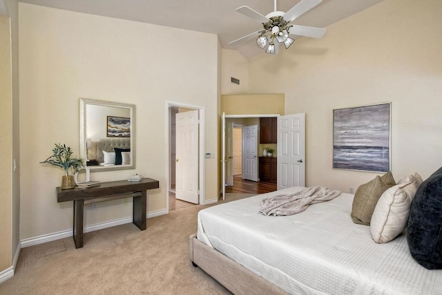 4956 Lamia Way, Oceanside, CA 92056 - bedroom featuring carpet flooring, high vaulted ceiling, and a ceiling fan
