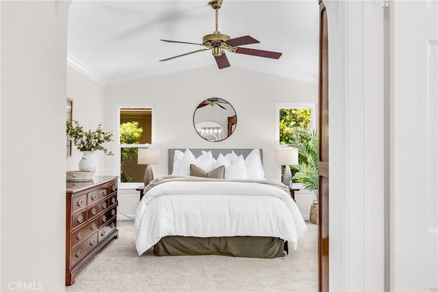 18 Argento, Mission Viejo, CA 92692 - bedroom with light carpet, vaulted ceiling, ornamental molding, and a ceiling fan