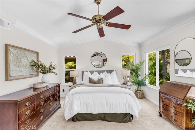 18 Argento, Mission Viejo, CA 92692 - bedroom with light colored carpet, ornamental molding, lofted ceiling, and ceiling fan
