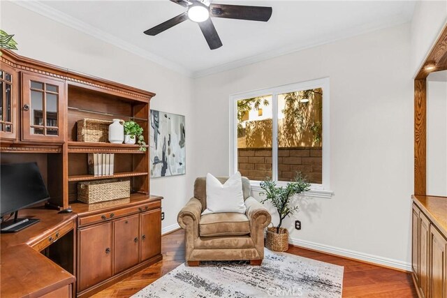 18 Argento, Mission Viejo, CA 92692 - sitting room with a ceiling fan, wood finished floors, and crown molding