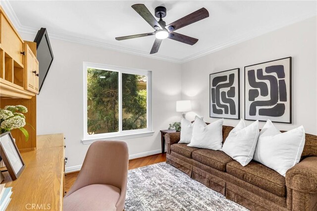 18 Argento, Mission Viejo, CA 92692 - home office featuring ceiling fan, wood finished floors, and ornamental molding