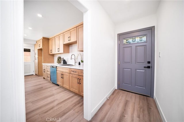 1019 E Armstead St, Azusa, CA 91702 - kitchen featuring dishwashing machine, light brown cabinets, light wood-style flooring, light countertops, and recessed lighting