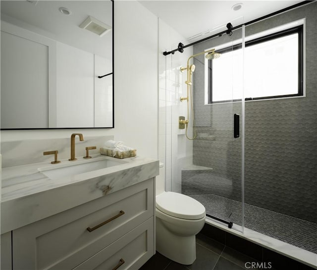 1313 Ocean Ave, Seal Beach, CA 90740 - full bathroom with vanity, a shower stall, and tile patterned flooring