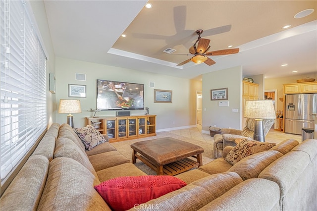2534 Desert Rose Dr, Lancaster, CA 93536 - living area featuring ceiling fan, recessed lighting, and a raised ceiling