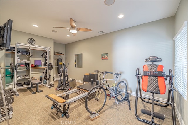 2534 Desert Rose Dr, Lancaster, CA 93536 - exercise room featuring a ceiling fan, carpet flooring, and recessed lighting