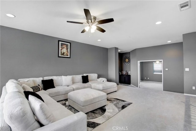 26810 Sugarite Canyon Dr, Moreno Valley, CA 92555 - living room featuring ceiling fan, recessed lighting, and carpet flooring