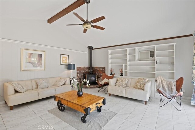 1094 Manzanita Ave, Chico, CA 95926 - living room with a wood stove, beamed ceiling, a ceiling fan, and high vaulted ceiling